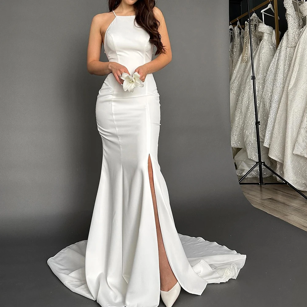 

Formal Halter White Jersey Sleeveless Wedding Dresses Classic Side Slit Straight Floor Length Sweep Train Pleats Robe de mariée