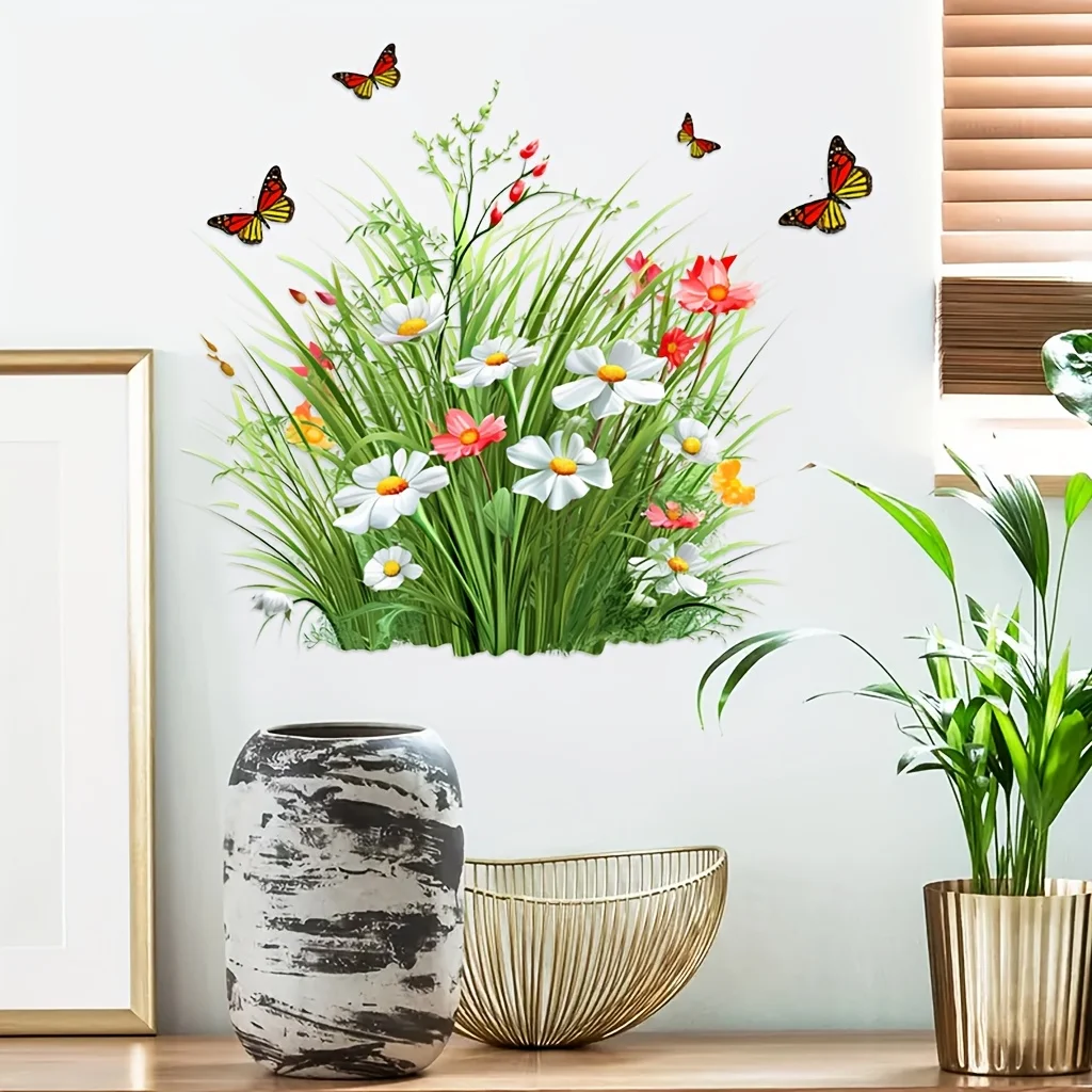 Decals Stickers Grass Flowers And Butterfly for Wall Bedroom Living Room Kitchen Decorative Vinyl Artwork Mural AA536