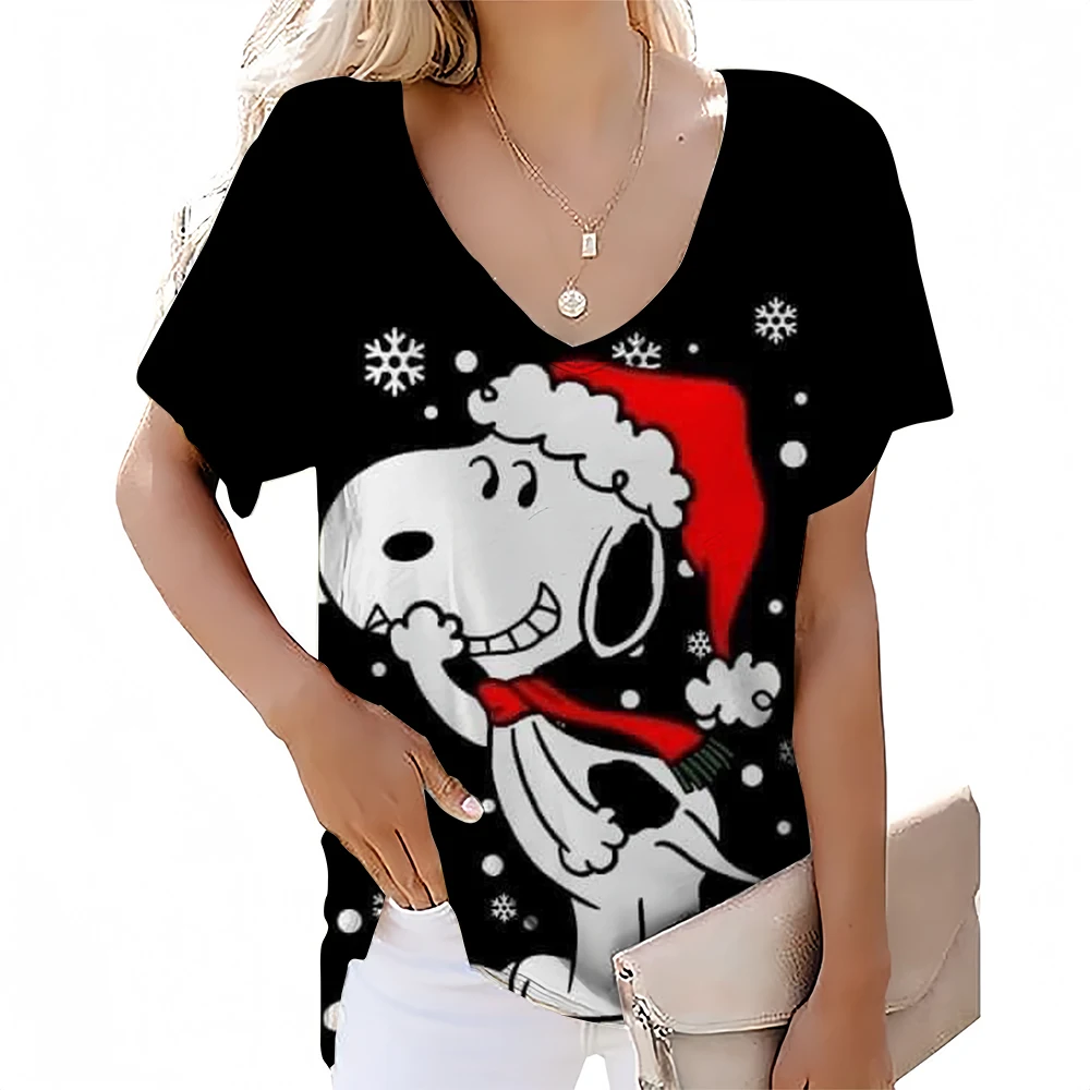 Snoopy print Design Minimalist Print Comfortable Women's V-neck T-shirt Summer Vitality Street High Quality Short Sleeved Top ﻿