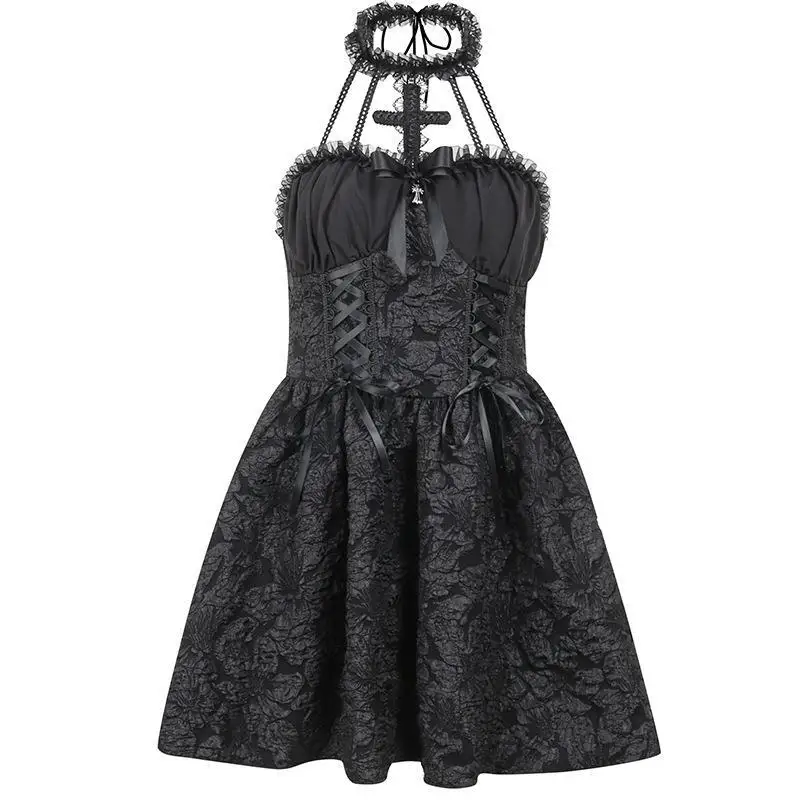 loween Cross Strap k Gothic Puffy Skirt Ne Hanging Dr High Waist Knitted Fabric Date Night ort Dr without Sve