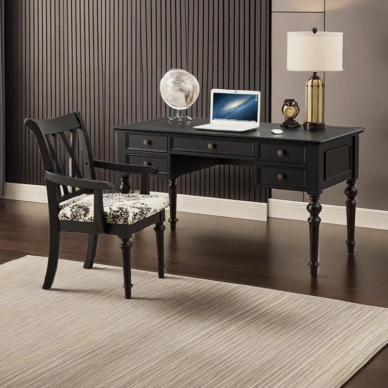

Средневековый черный стол из цельного дерева в американском стиле, стол для босса, домашний кабинет, французский ретро компьютерный письменный стол и комбинация стульев
