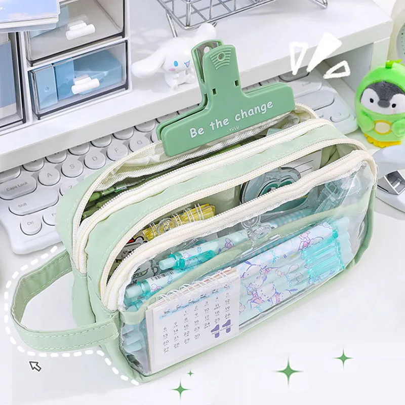 Japanese Cartoon High Appearance Level Cinnamoroll Melody Pen Bag Transparent Three-layer Stationery Bag Kuromi Pencil Case