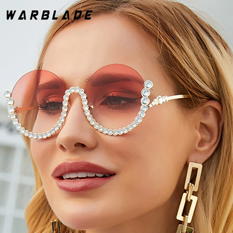 

Luxury Brand Metal Half Frame Round Sunglasses Women Vintage Imitation Diamond Design Sunglasses Male Drive Travel Eyewear UV400