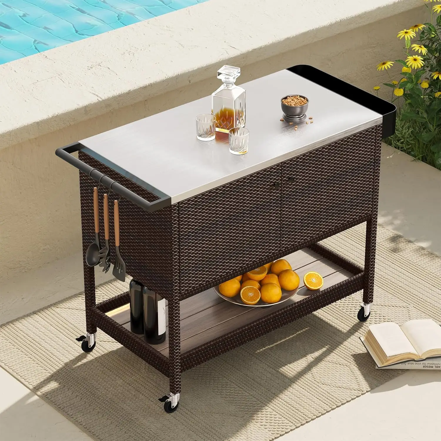 patio Outdoor Bar Cart, Rolling Wicker Bar Cart w/Storage Cabinet, Outdoor Bar Table w/Wheels, Patio Kitchen Island Grill Cart w