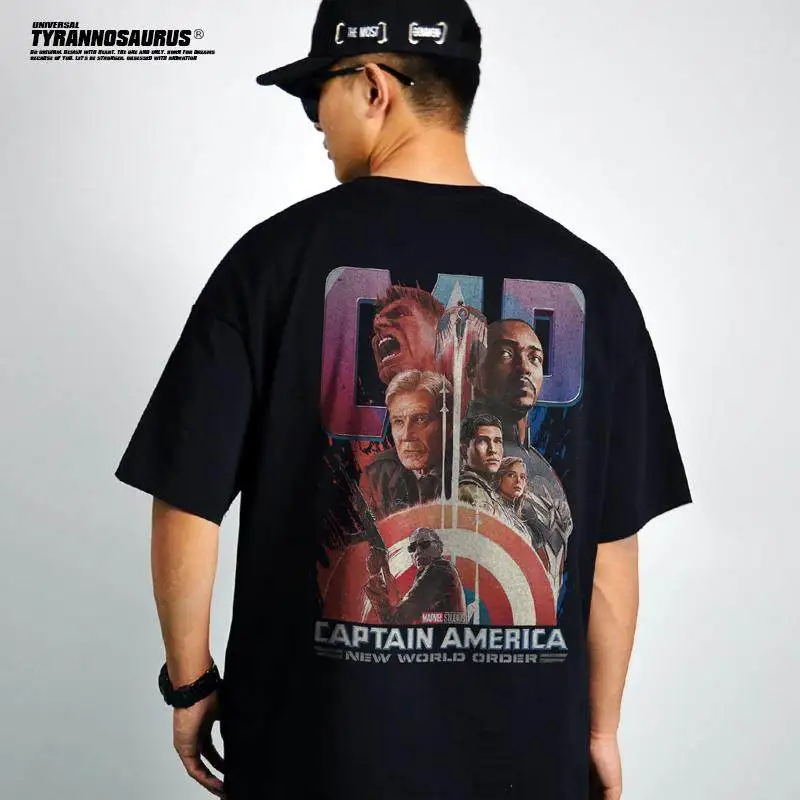 American-style Trendy Marvel-themed Printed Short-sleeved T-shirt for Men, Featuring Captain America Design, Made of Pure Cotton