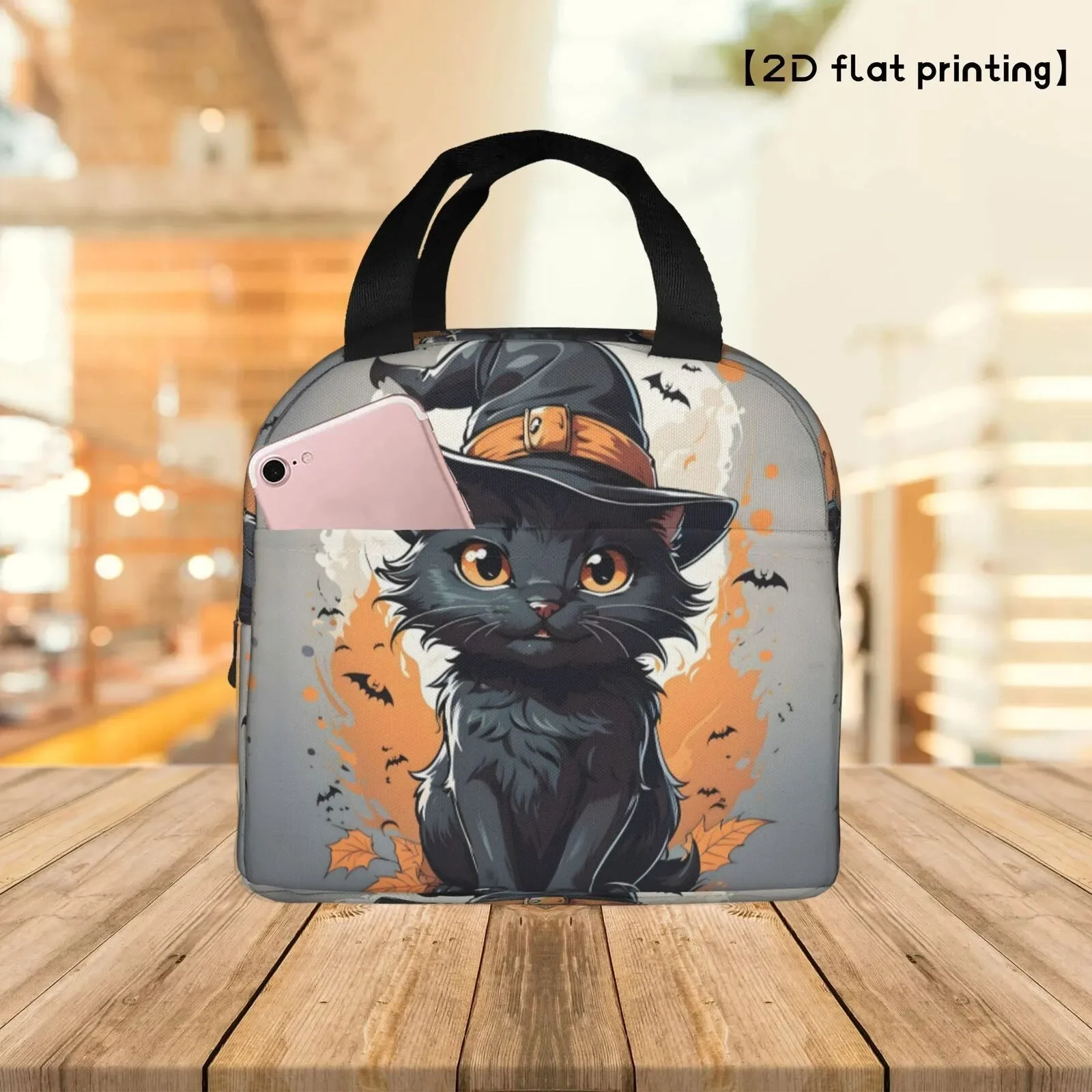 Witch Black Cat Lunch Tote Insulated Cooler Bag Cute Halloween Kitten Reusable Bag