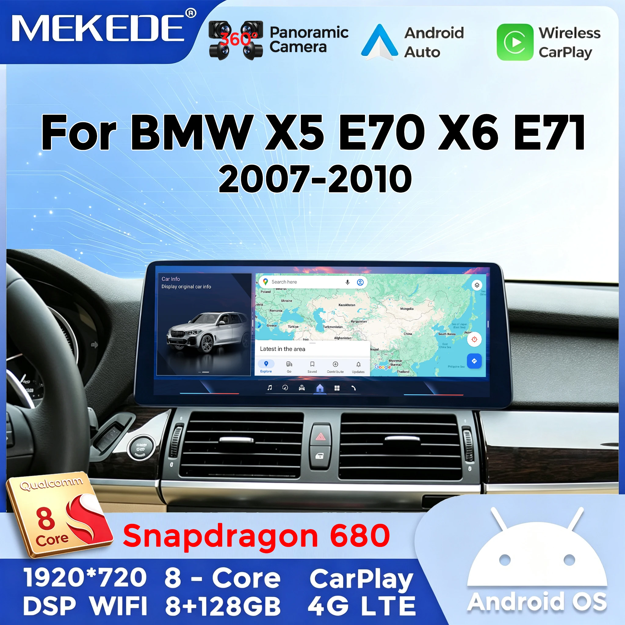 Mekede Qualcomm 8 cœurs 360 °   Autoradio avec CarPlay et Android Auto en option pour BMW X5 E70 X6 E71 2007 - 2010, systèmes 2 Din, stéréo, GPS, SWC, BT, FM, RDS, DSP, écran QLED, systèmes intelligents Android pour voiture, 4G, WiFi, unité principale Plug&Play
