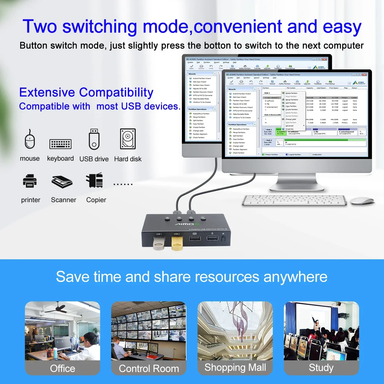 Переключатель USB KVM, разветвитель 4 в 4 выхода, 4 шт., совместное использование USB-устройств 2,0, переключатель для ПК, компьютера, принтера, клавиатуры, мыши