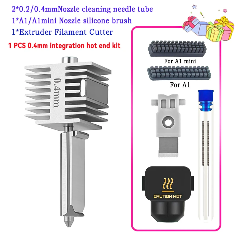 

For Bambu Lab A1/A1mini stainless steel hot end 0.2/0.4/0.6/0.8mm hardened steel nozzle kit, 3D printer accessories