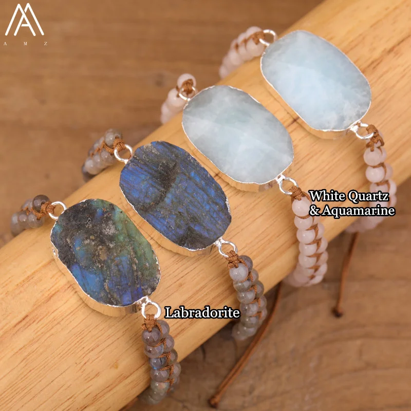 Luxury Women Labradorite Stone Braided Bracelet Natural Aquamrtine Crystals Handmade Bracelet Boho Teengirl Jewelry Gift Bijoux