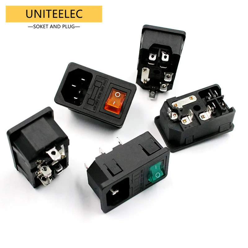 Dengan Sekring 10A! Red Rocker Switch Fused IEC320 C14 Inlet Power Socket Fuse Switch Connector Plug Connector Merah Hijau Biru Hitam