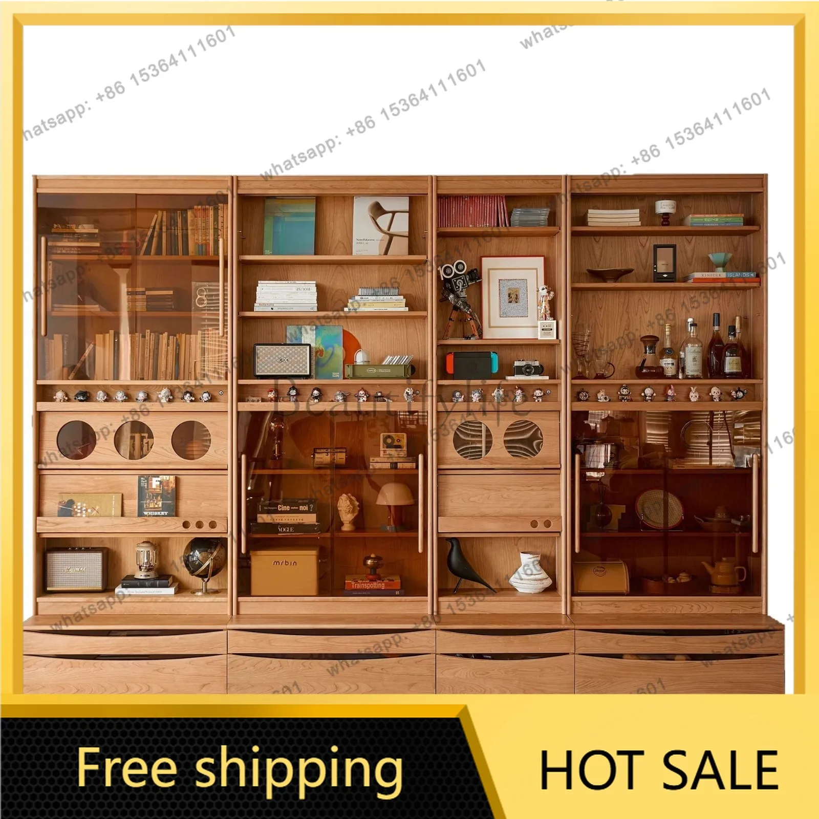 Factory Direct Sales Cherry Lattice Cabinet Solid Wood Household Free Combination Module Display Cabinet
