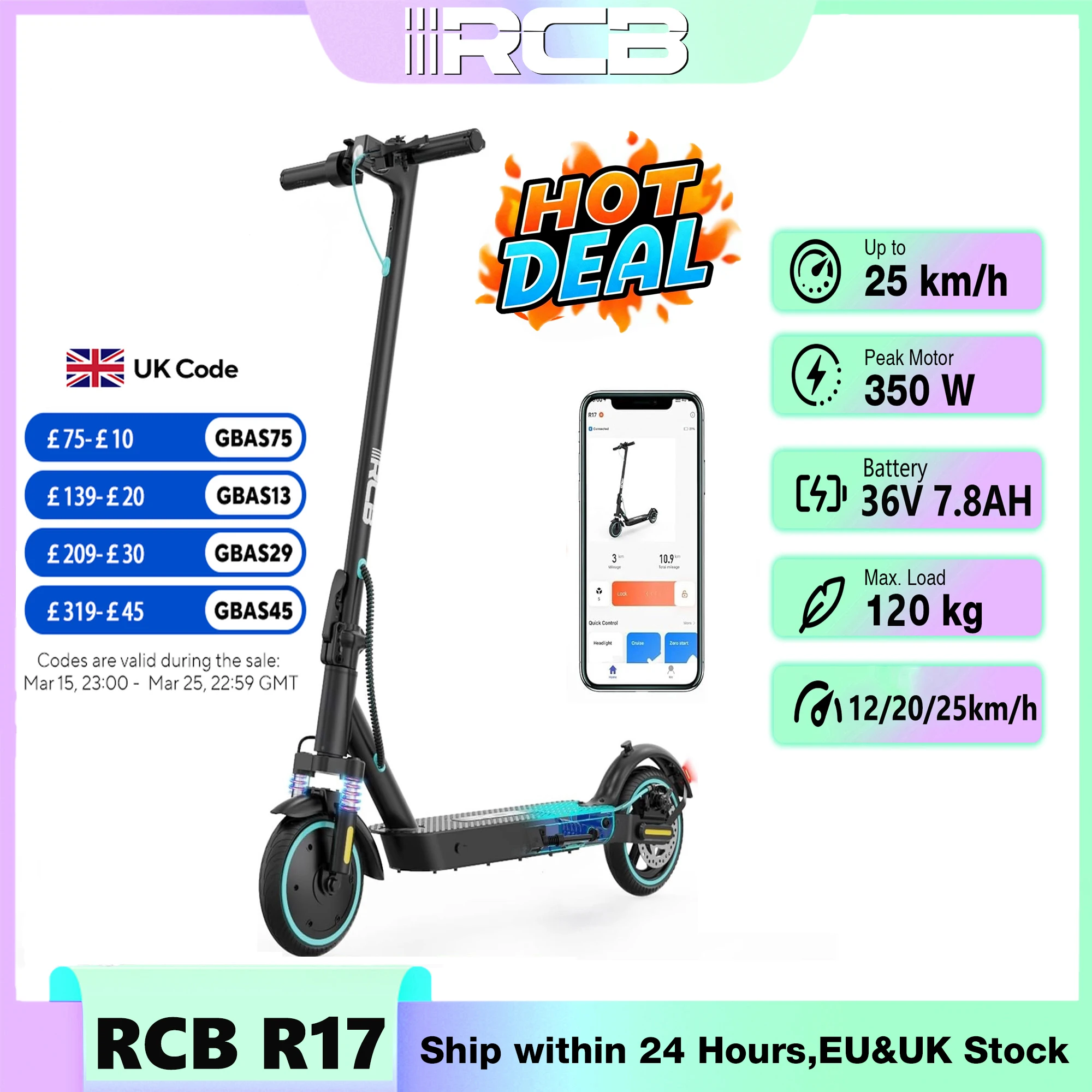 RCB R17 Electric Scooter Adult, APP-Control, 350W Motor, 25km/h Max Speed, 30km Range, 8.5" Solid Tire, 120kg Load, Dual Braking