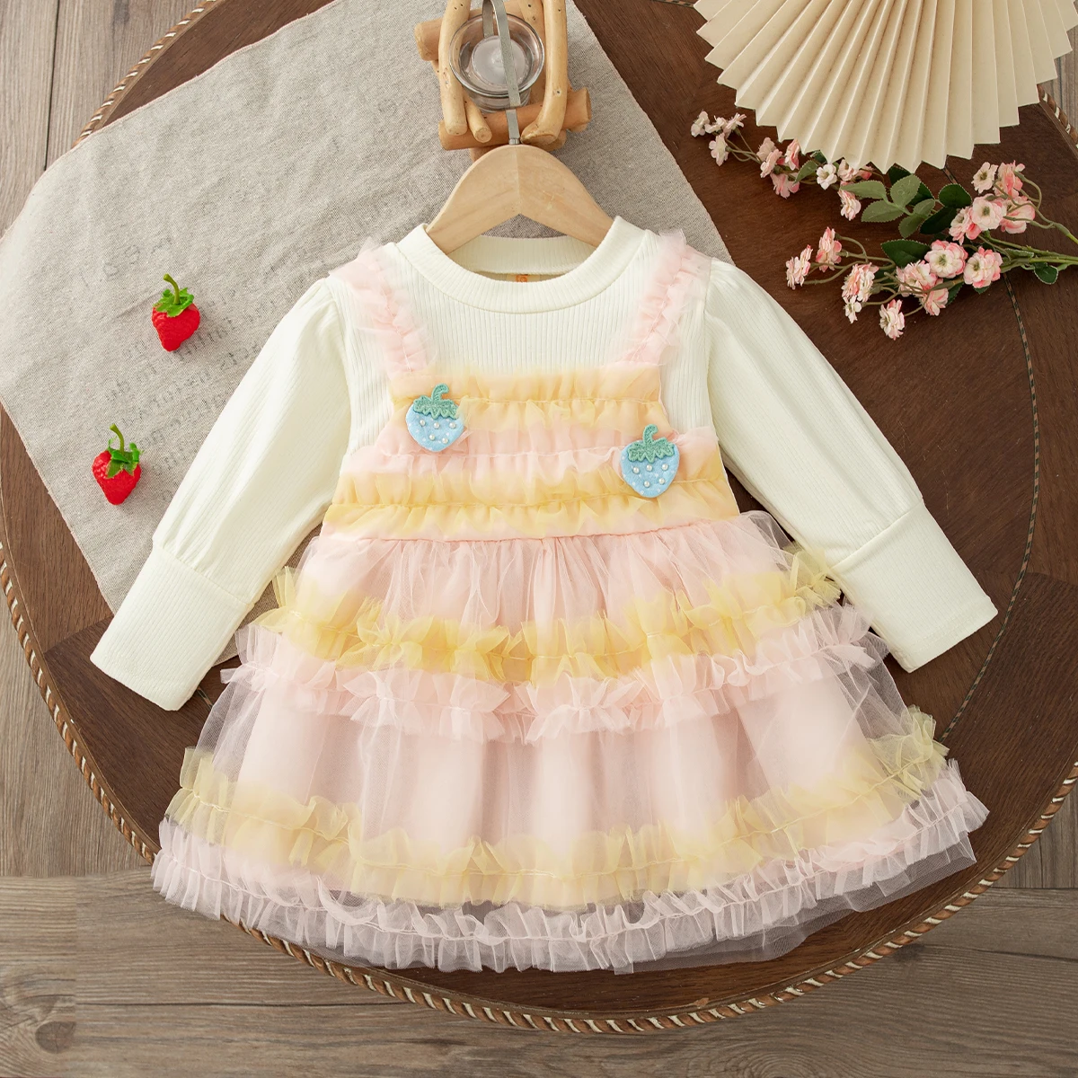 Spring Autumn Dress for Baby Girl Strawberry Appliques Knit Long Sleeve Tulle Dress Girls Outing Picnic Clothing