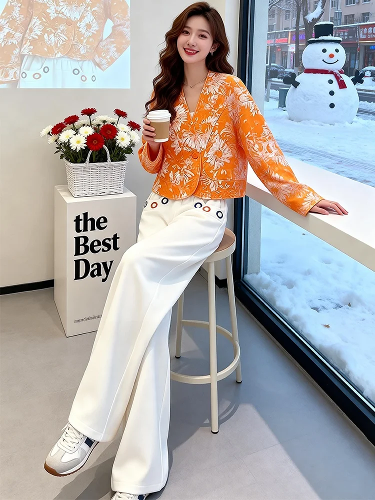 

Fashionable Spring Women's Long Sleeve Open Cardigan Jacket White Wide Leg Pants Two Piece Set Age Reducing Casual Sportswear