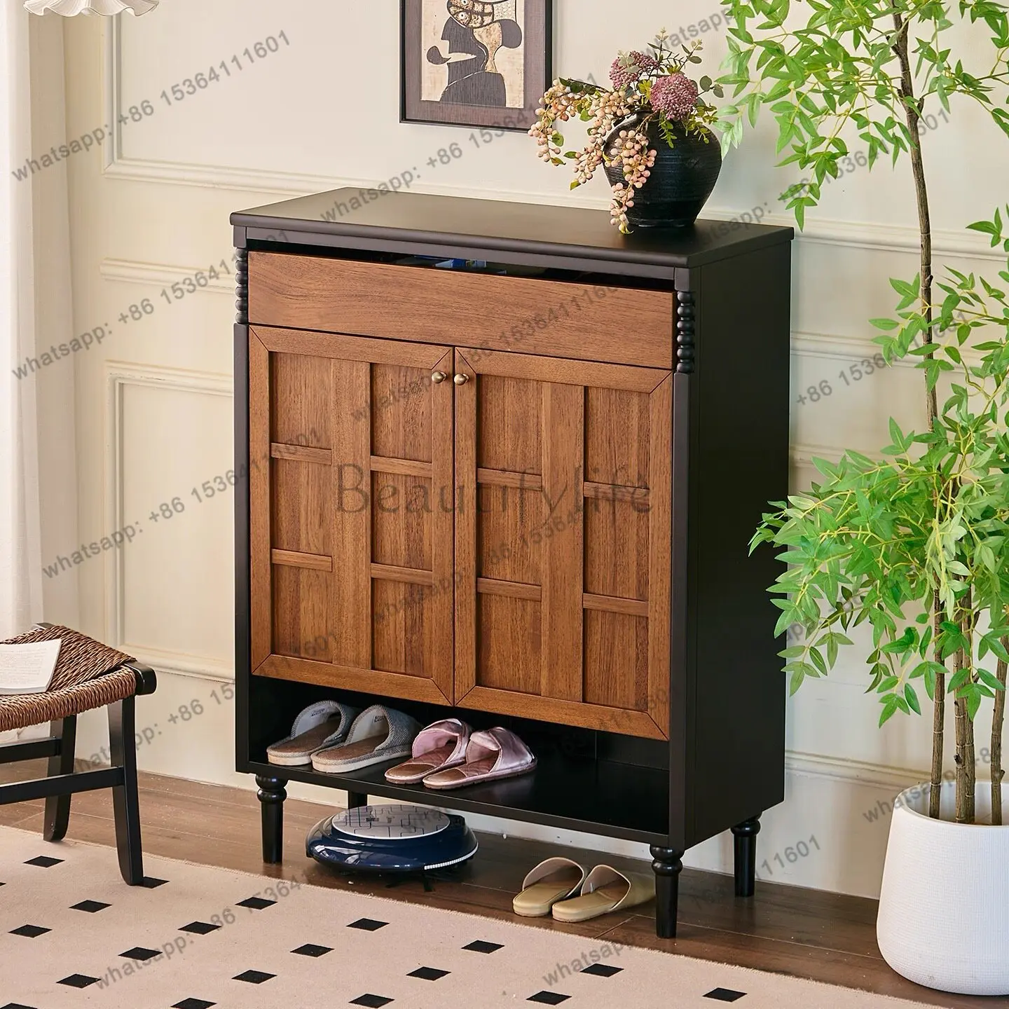 

French retro solid wood shoe cabinet living room against the wall entrance antique storage cabinet