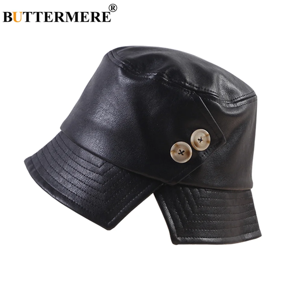 BUTTERMERE Japanese Fisherman's Hat Black Pu Leather Bucket Hat Womens High Fashion Decorative Buttons Sun Protector Hat