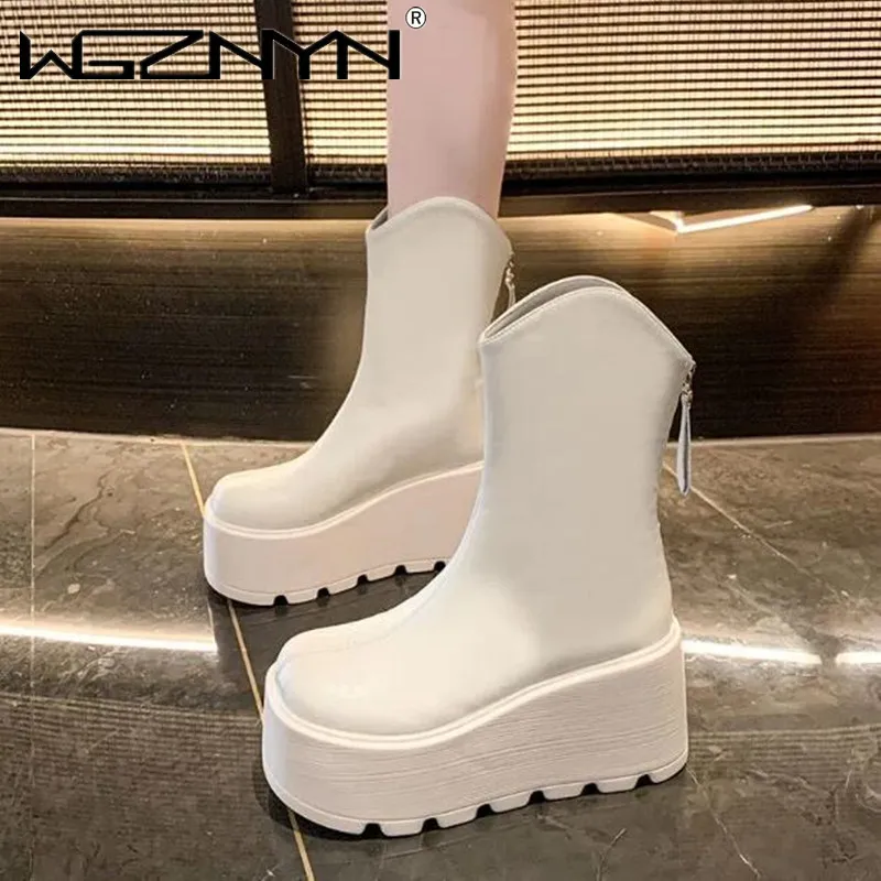 8CM Punk Chunky Platform Motorcycle Boots Women Thick Bottom Non Slip Combat Booties Woman Black White Leather Ankle Botas Mujer