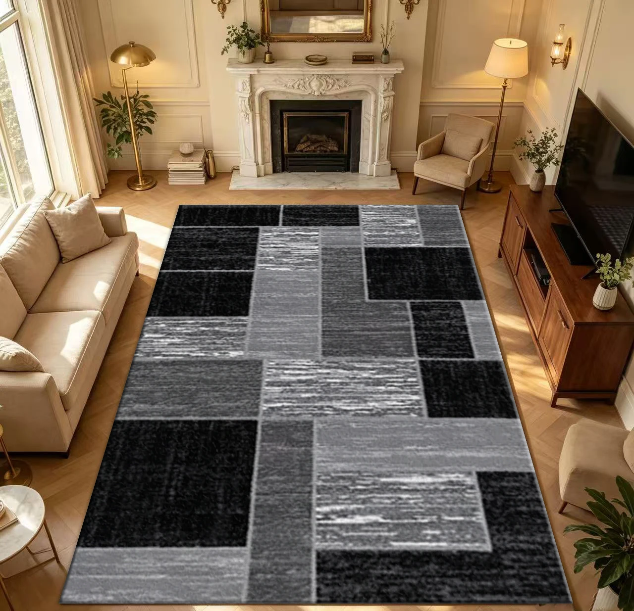 Black Grey Abstract Block Texture Area Rug Modern Patchwork Geometric Non Slip Washable Floor Carpet Living Room Decor
