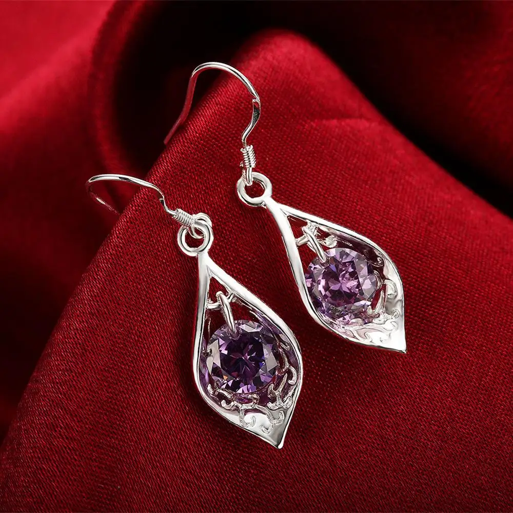 Popular Woman 925 Sterling Silver crystal Amethyst shell earrings fashion brands Jewelry elegant lady party Christmas Gifts