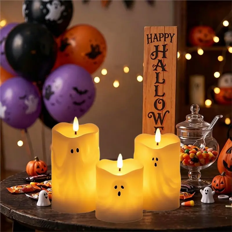 WCS-6PCS Halloween Ghost Flameless Taper Candles With Remote And Timer Led Candlesticks With 3D Wick Halloween Fake Candle