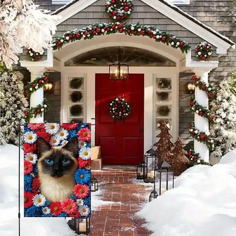 Cat Garden Flag 12x18 Inch, Siamese Cat with Red White Blue Flowers Yard flag Double-Sided Burlap Outdoor Patio Porch Lawn D uui