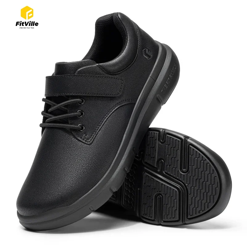 FitVille Men'S Diabetic Shoes Wide Width Leather Oxford Dress Walking Shoe Hook And Loop Orthopedic Sneakers For Swollen Foot