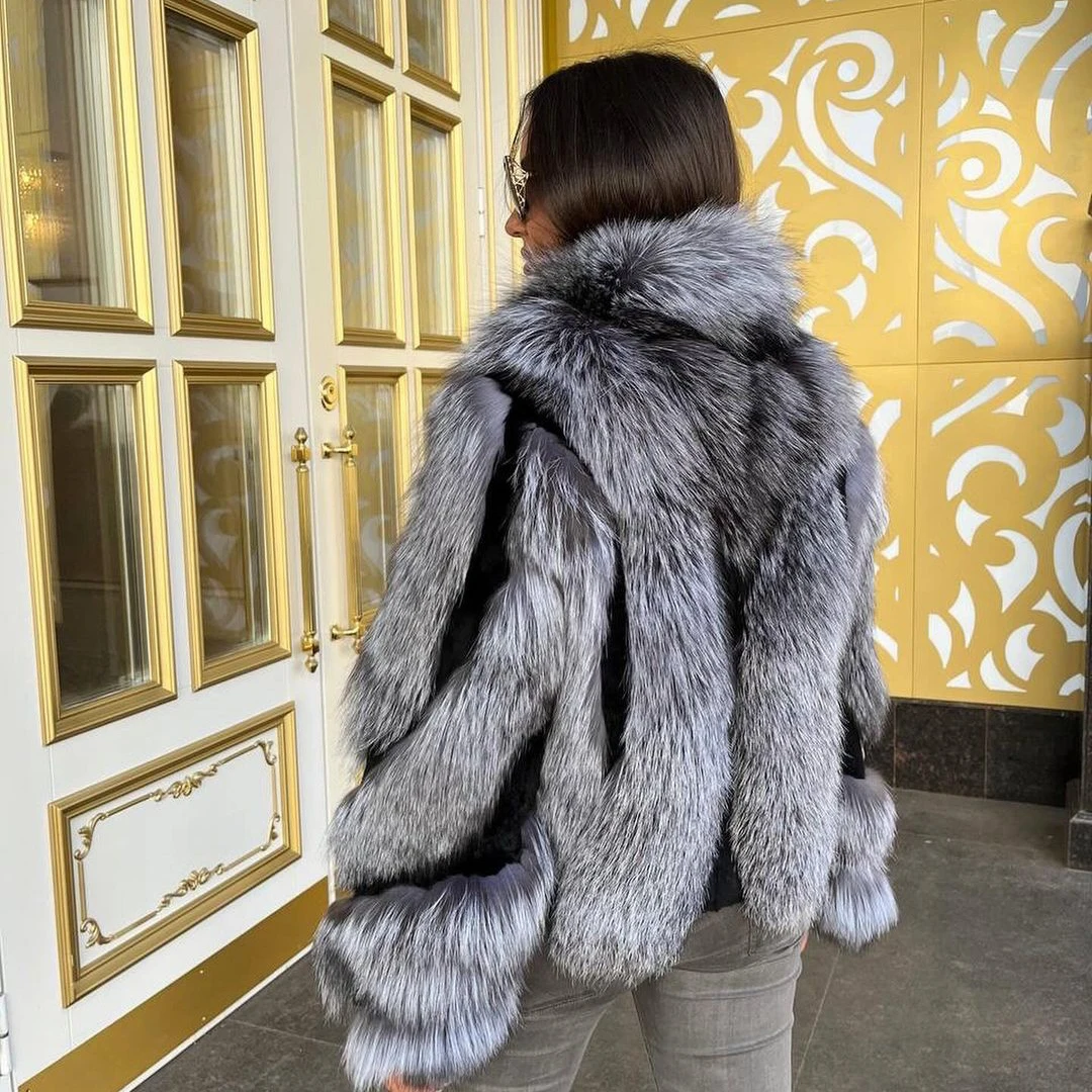 Fashion Genuine Leather Fox Fur Jacket Stand Collar Women Winter Outwear Thick Warm Natural Real Fox Fur Coats Trendy Overcoat