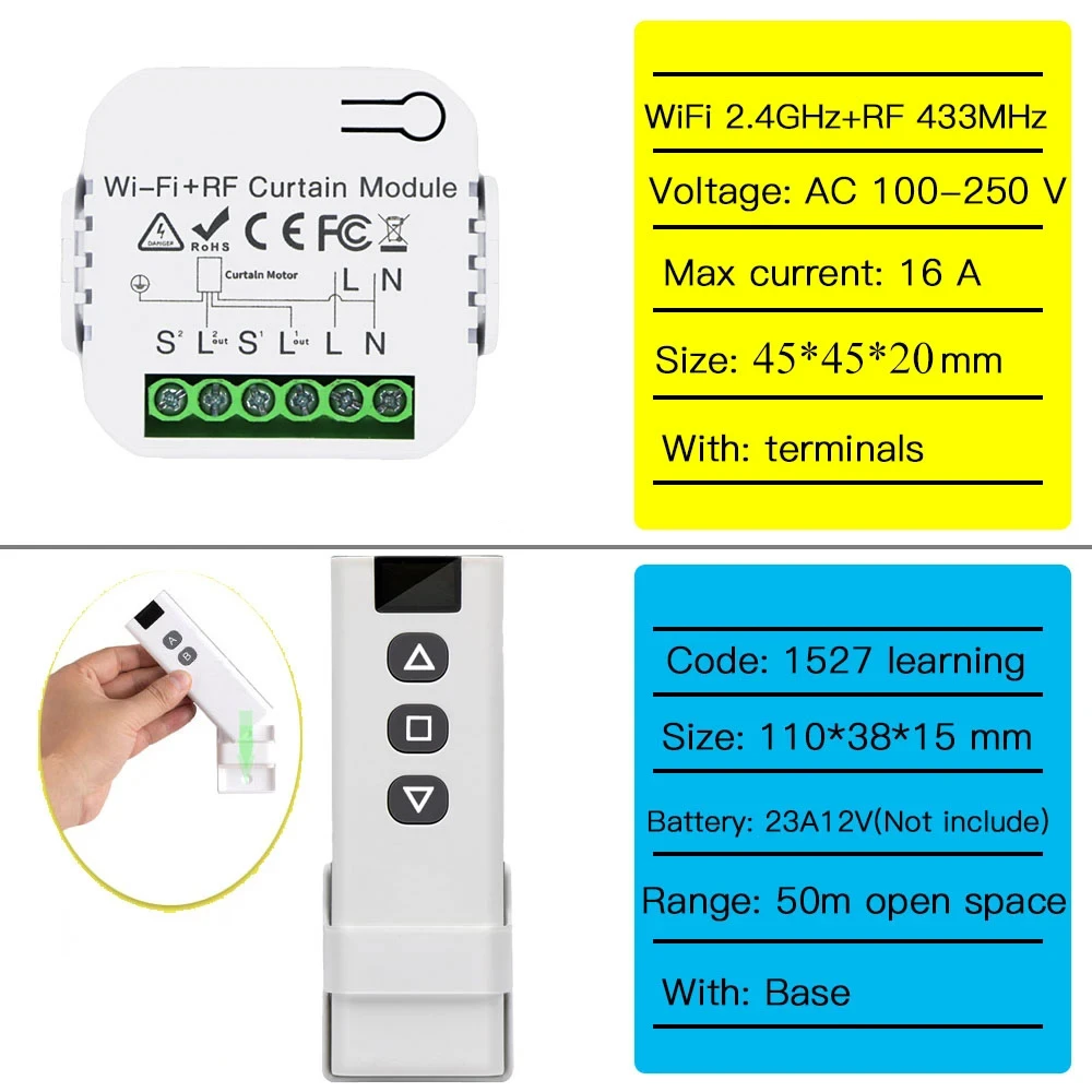 Tuya Smart WiFi Curtain Module Roller Shutter Switch Blinds Motor RF433Mhz Remote Control APP Alexa Google Home Voice Control