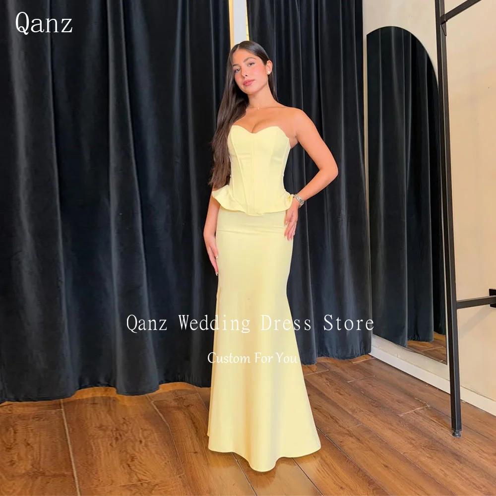 

Qanz Yellow Satin Evening Dresses Women Formal Mermaid Sweertheart 2 Pieces Vestidos De Fiesta Elegantes Prom Dress Customized