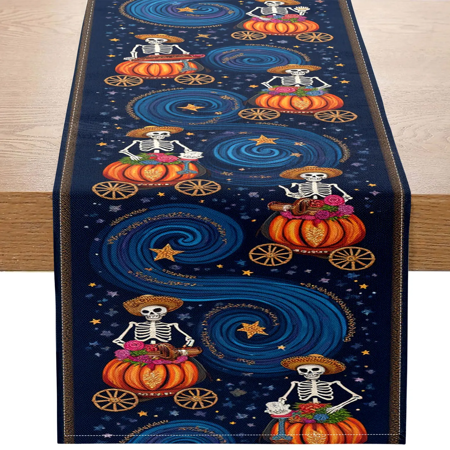

1 Piece of Mexican Day of the Dead Themed Table Runner, Dark Blue Background with Skulls, Pumpkin Carts, Starry Sky Swirls and Flowers, Suitable for Day of the Dead Celebrations, Exotic Restaurants, Art Exhibitions, Themed Parties, Folk Events, Creative S