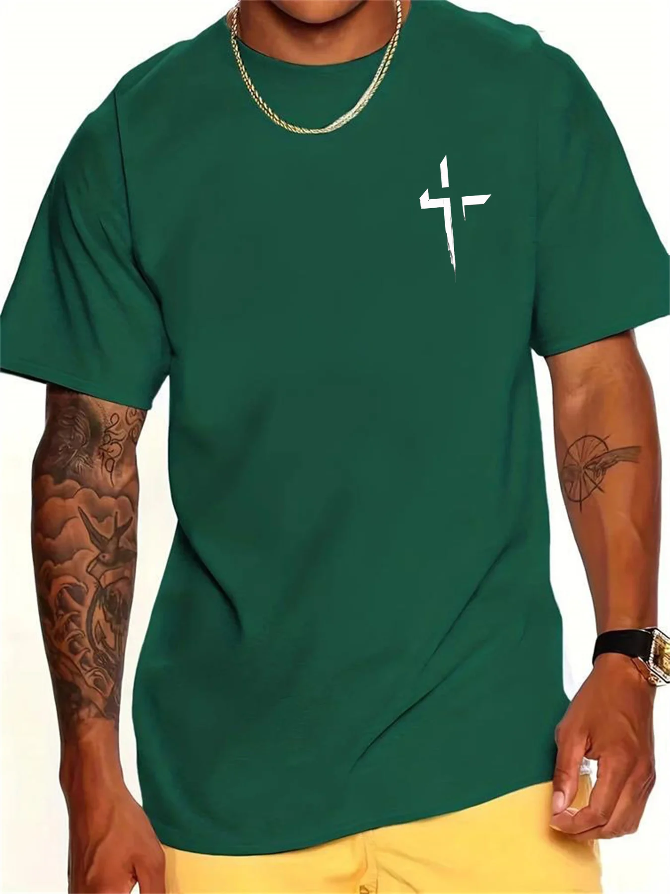 夏のメンズ綿 100% カジュアルルーズ大クロス信仰プリントスポーツ快適なラウンドネック半袖 Tシャツトップ