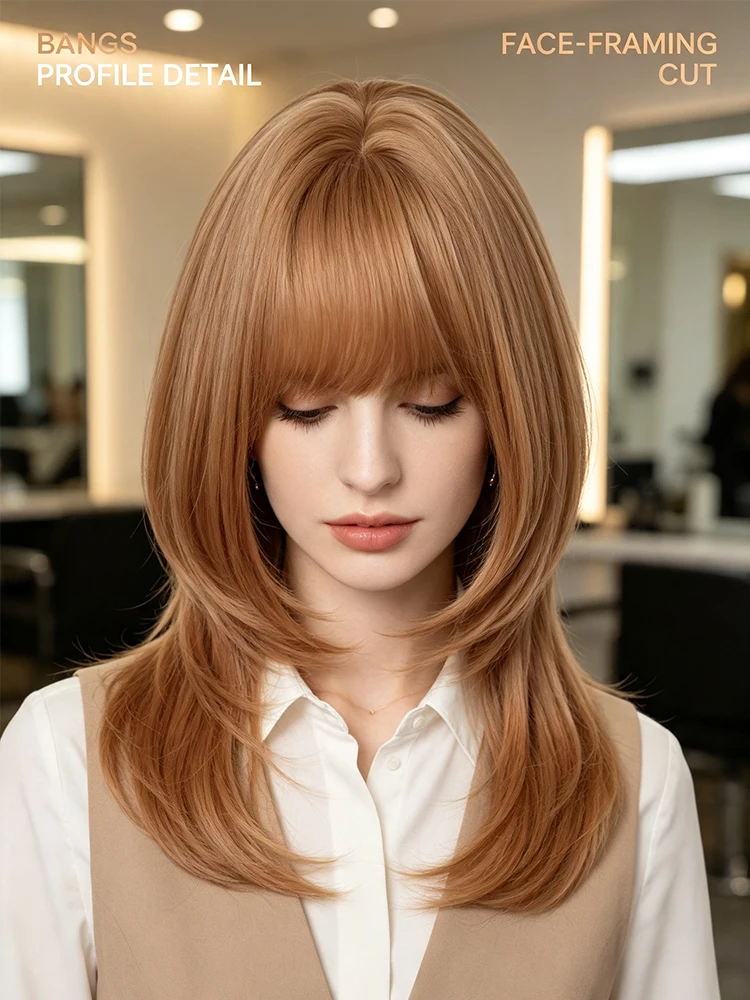 Synthetic 18 Inch Light Blonde Medium Length Straight Bangs Layered Hair Wig Halloween Cosplay Heat Resistant Fiber