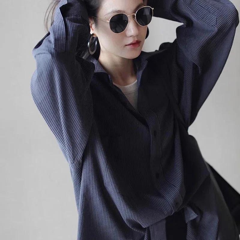 Chemisiers Vintage pour femmes, chemises décontractées rayées, mode ample, vêtements coréens, manches longues, hauts pour femmes, printemps automne