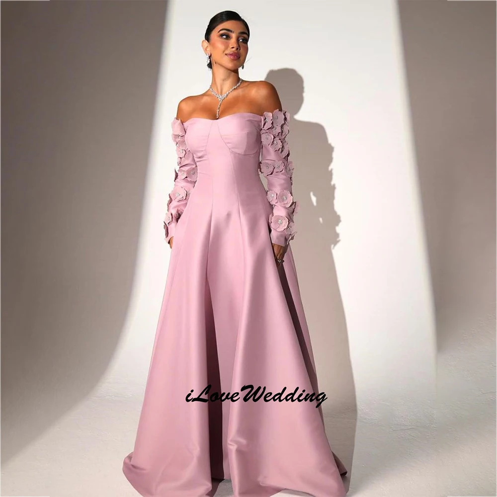 

Charming Flowers Evening Dress Customized 2025 Sweetheart Long Sleeves A Line Saudi Arabian Party Gown Corset Prom Dresses