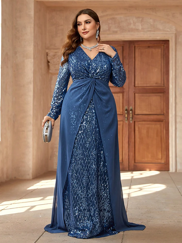 TOLEEN 2024 New Plus Size Twist Knot Long Sleeve Formal Evening Gown Women Luxury Elegant Sequin Plaid Party Prom Maxi Dresses