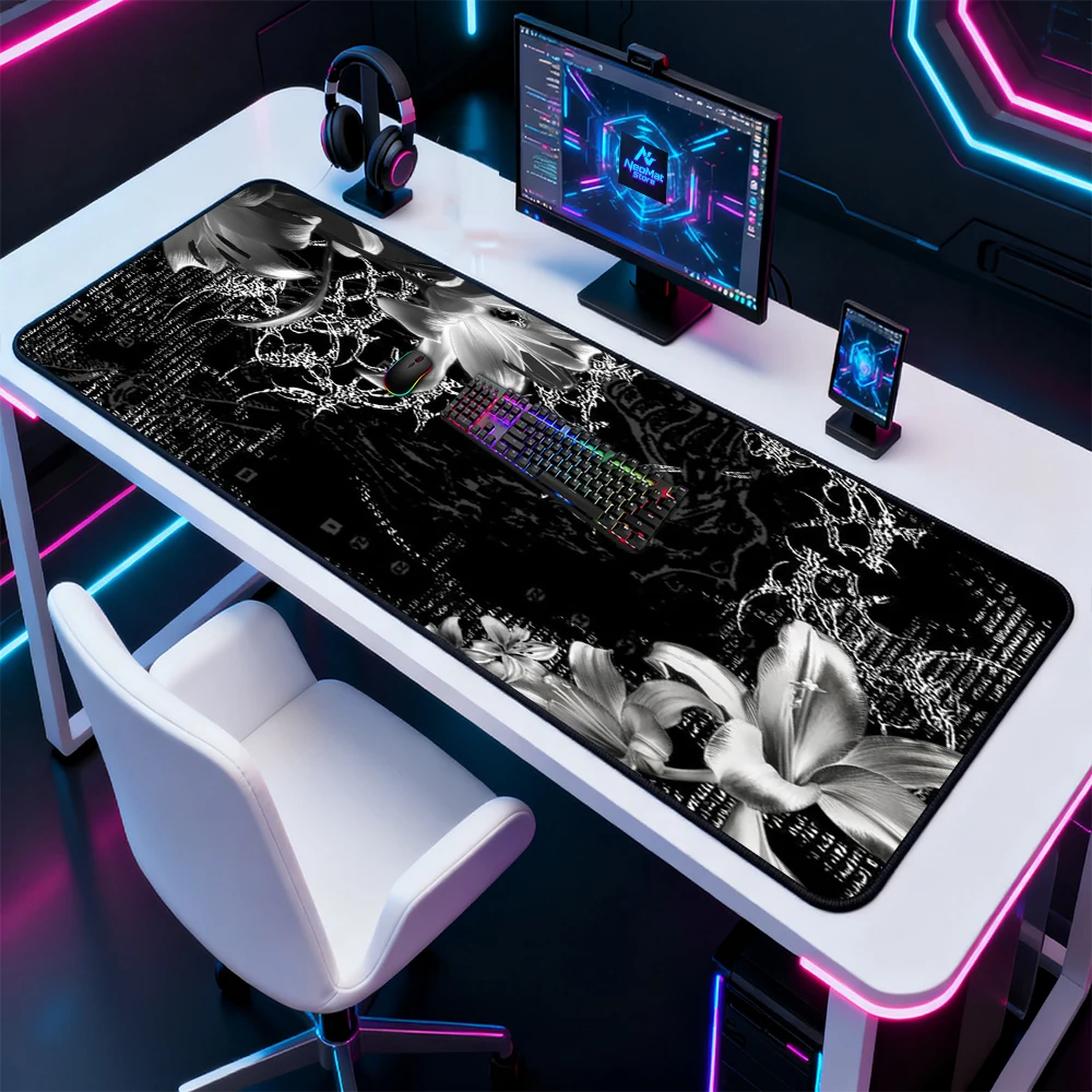 Monochrome Floral Mouse Pad Desk Mat Gaming XXXL 140x60 Pattern Circuit Black White Mousepad Aesthetic Lily Setup