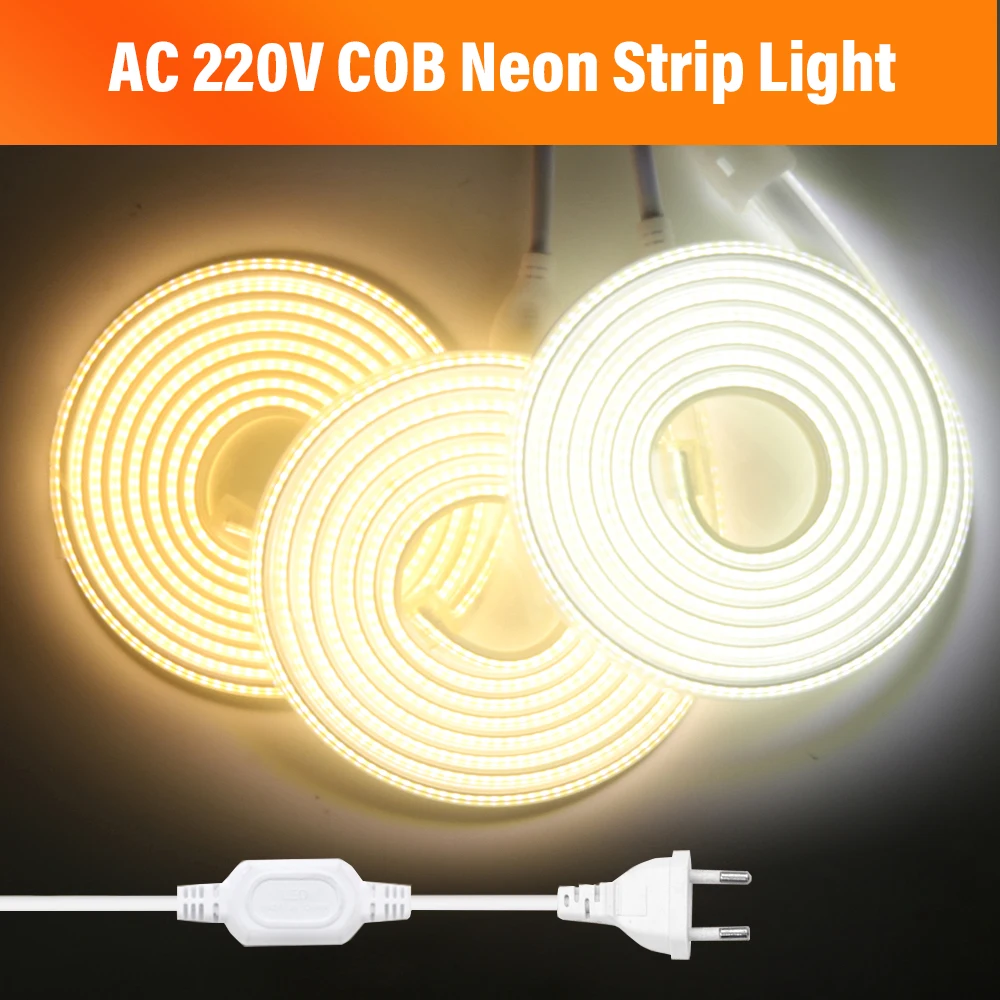 AC 220V COB LED Strip Lights CRI RA90 288LEDs/m Flexible Outdoor Lamp Waterproof Neon Light Tape EU/UK Plug Home Room Decoration