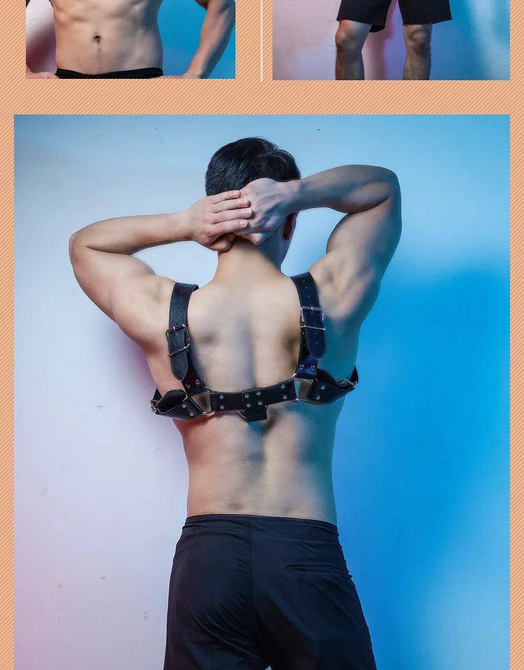 Sexy Black Pu Leather Chest Strap Gogo Dance Clothes Pole Dance Clothing Nightclub Bar Muscle Man Dancer Stage Costume yj877