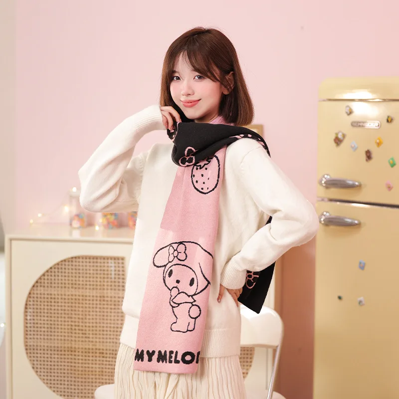 Sanrioed Winter Warm Scarf Kuromi Pochacco Hello Kitty Student Long Cartoon Adult Two-Color Cold-Proof Kawaii Whole Body Knitted