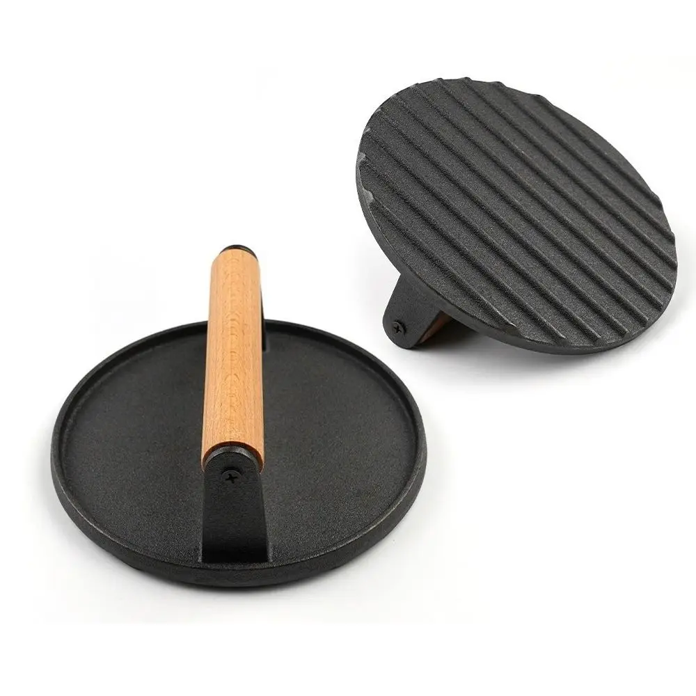 

Cast Iron Meat Press Board Heavy-Duty Flat Top Steak Burger Press Round Rectangular Wooden Handle Grill Hamburger Grinder