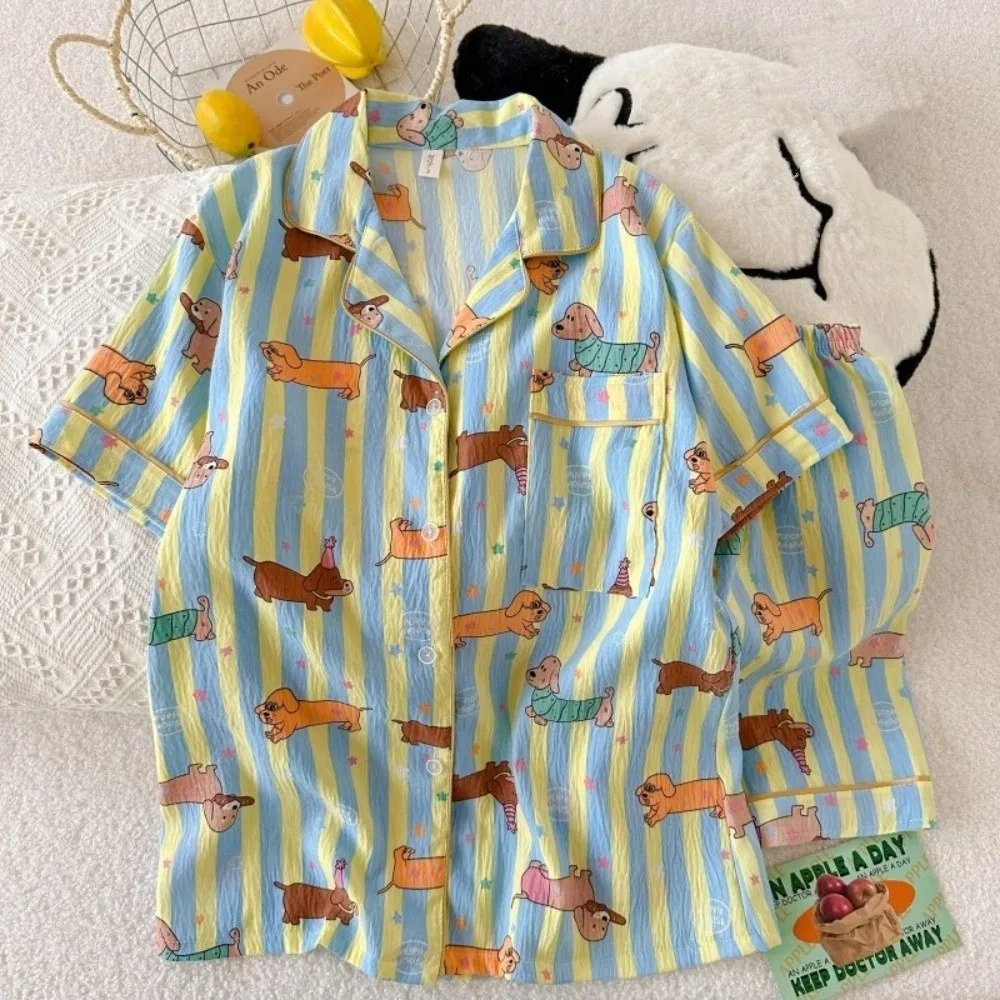 

Anime Homewear Short Sleeve Cartoon Pajamas Set Dog Cat Animal Women Sleepwear Loose Buttoned Shirt Two Piece Nightwears Summer