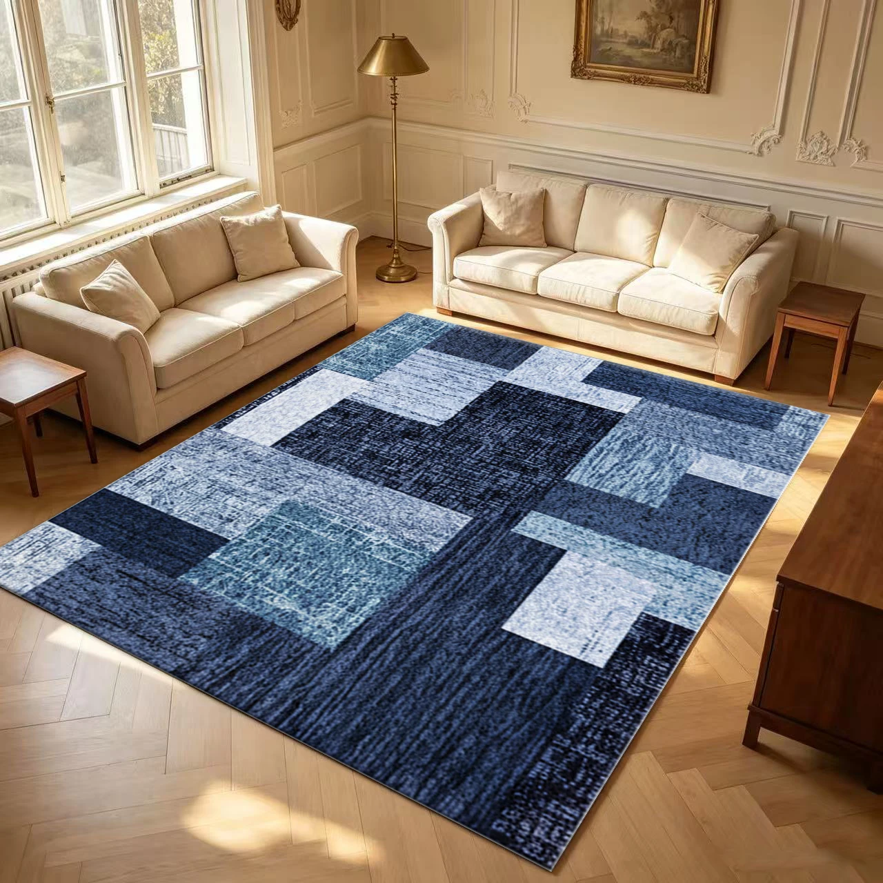 Dark Blue Teal Patchwork Geometric Carpet Flooring Retro Block Spliced Large Area Rug for Living Room Home Decor