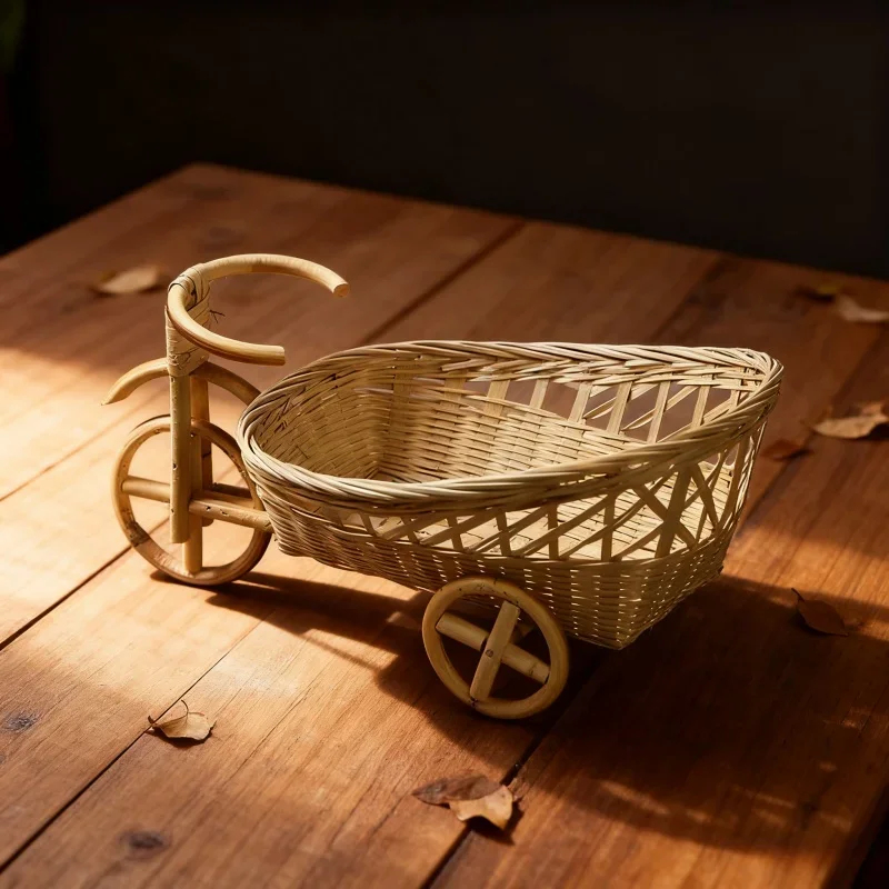 Handmade Bamboo Rattan Bicycle Ornament & Small Basket - Newborn Take Photo Props Multi-Use for Baby Shoots & Living Room Decor