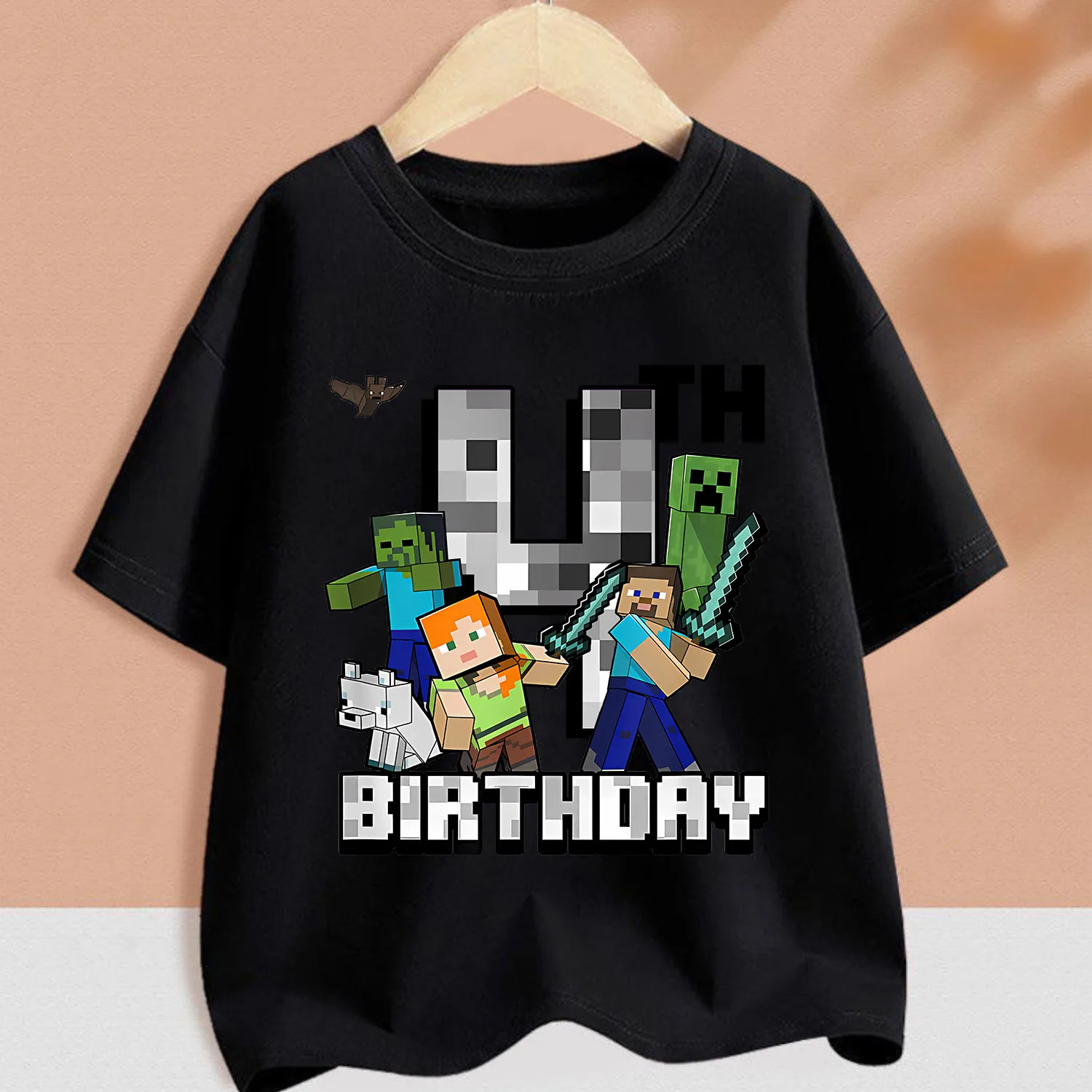 Pixel Game T-shirt nera per bambini Compleanno Figura Vestiti Cartoon Colletto tondo Abbigliamento Bambini Manica corta Estate Tee Top regalo