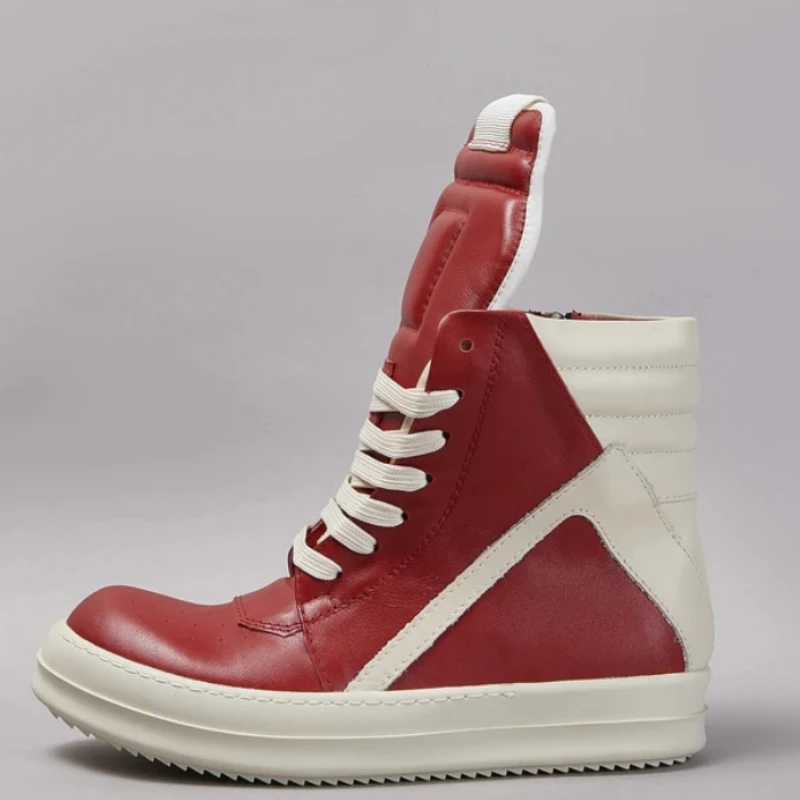 Brand casual men shoe high top women sneaker quality red leather ankle boot geobasket fashion flat Roman thick-sole Zip shoe