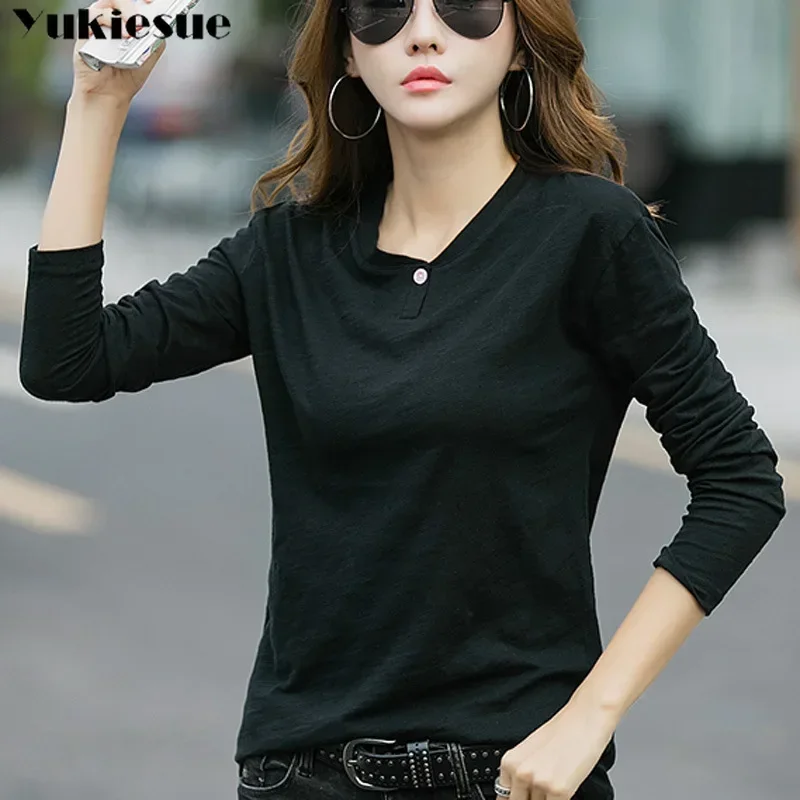 Women Long Sleeve Tshirts 2022 Deep V Neck Tops Woman Knitted Cotton T Shirt Womens Tee Shirt Femme clothes Camisetas Mujer