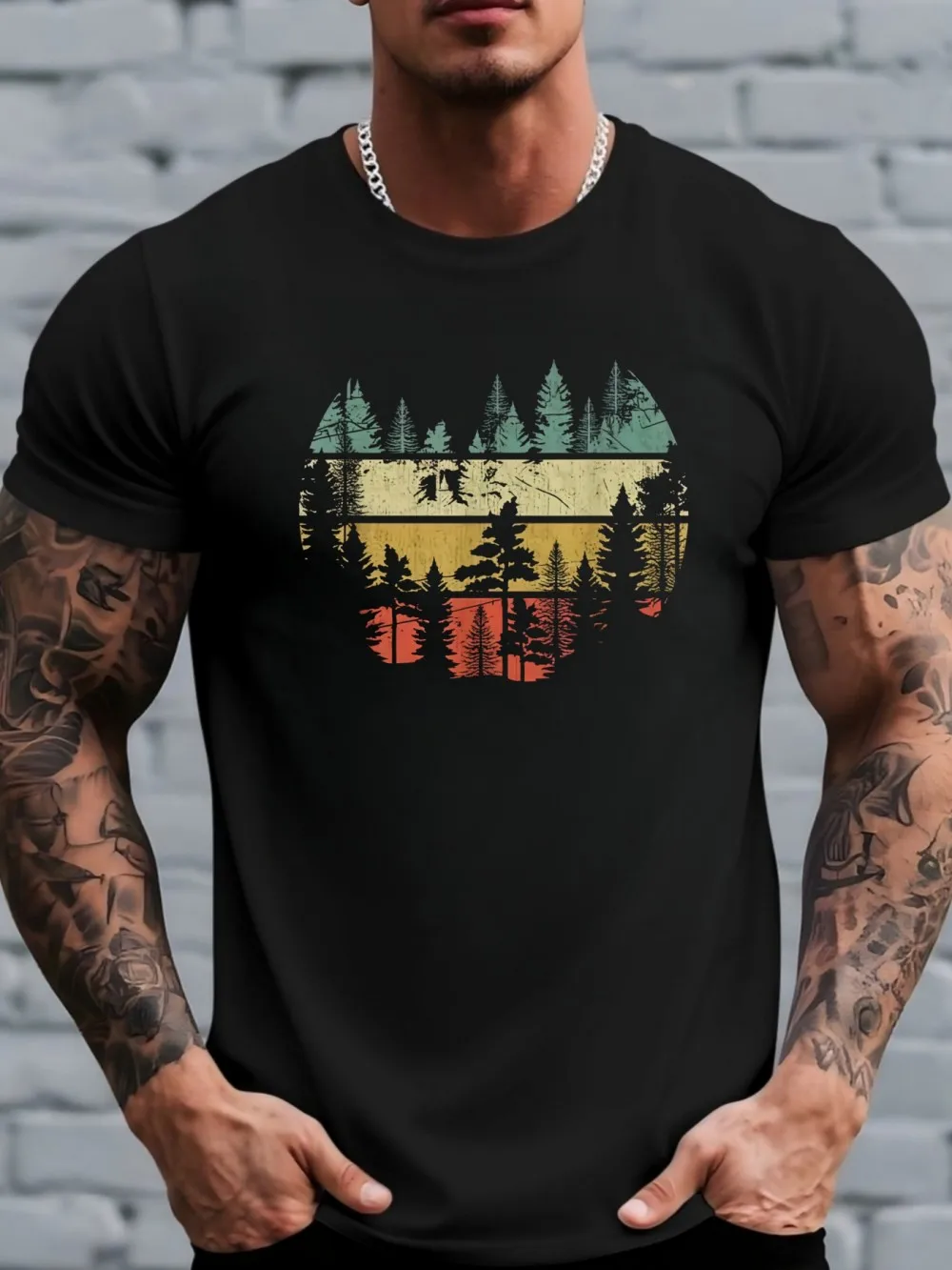 New fashionable men's summer retro forest sunset print micro elastic breathable round neck T-shirt outdoor casual sports top