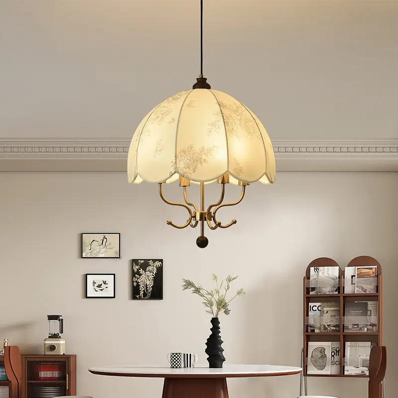 Patterned Fabric Lampshade LED Pendant Light French Designer Hanging Lamp Retro Living Room Dining