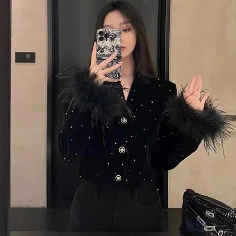 Hot Diamond Luxury Black Velvet Blazer Elegant Women Long Sleeve Fur Design Jacket Top 2023 Autumn/winter Short Slim Coat Korean